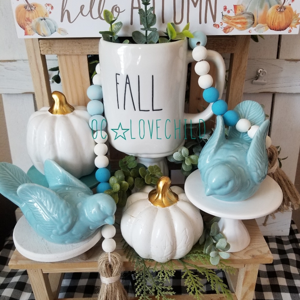 2 Farmhouse Shabby teal Ceramic love birds